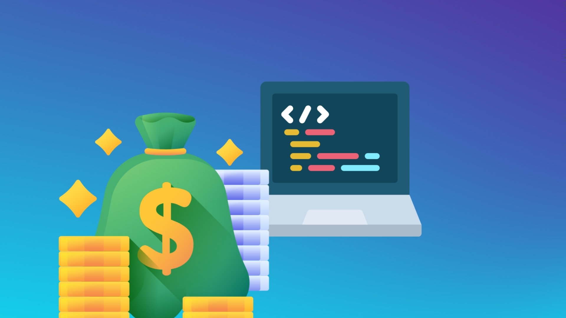 Computador em programação com saco de dinheiro em doláres