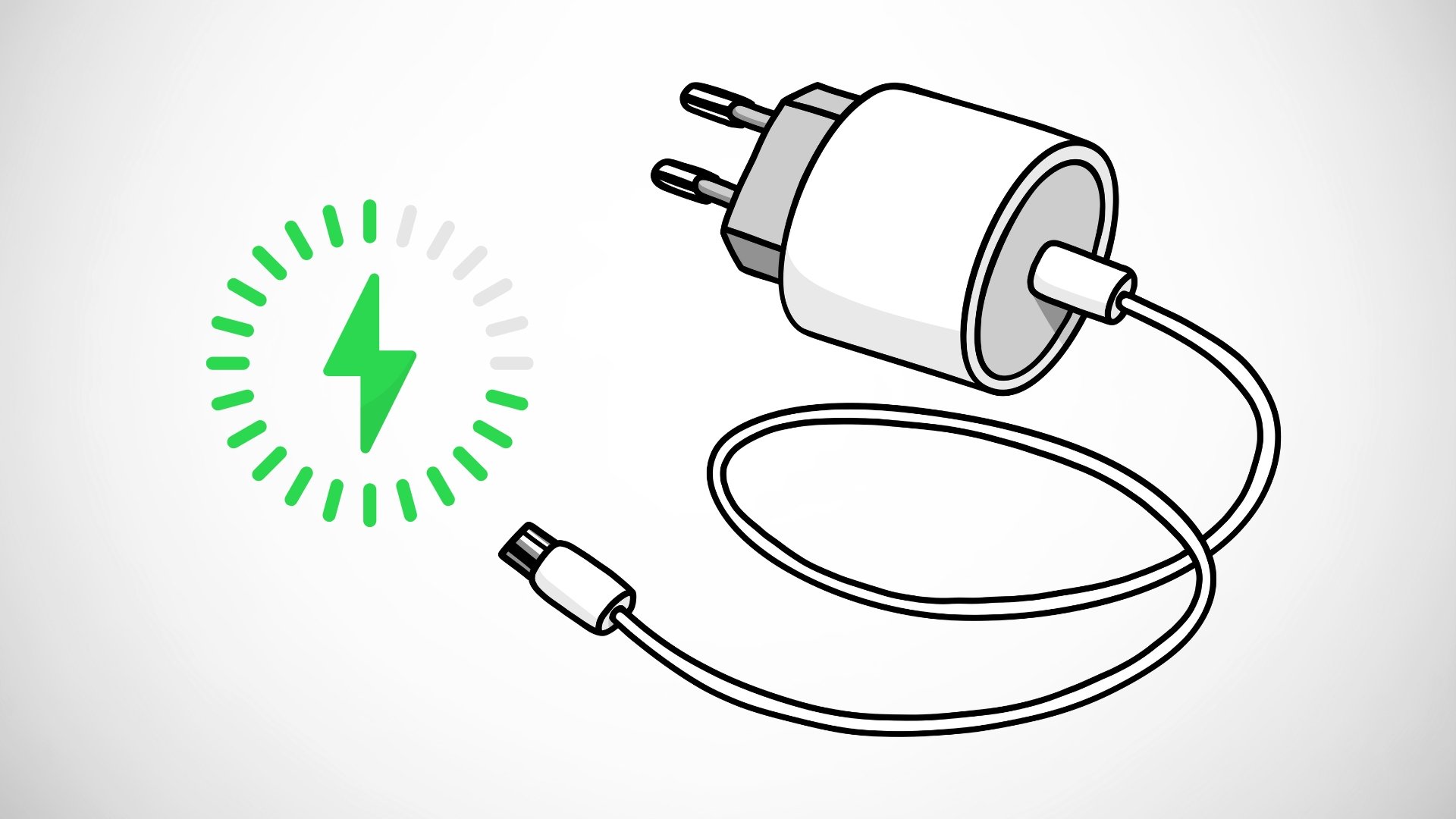 Carregador com fios e sinais de carregamento eletricidade verde