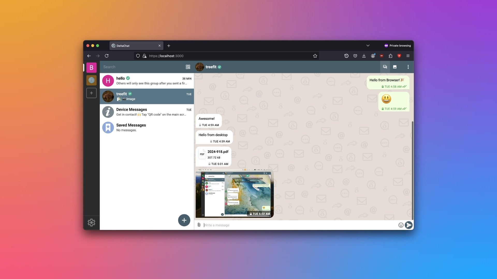 Delta Chat Desktop imagem da aplicação aberta com conversas