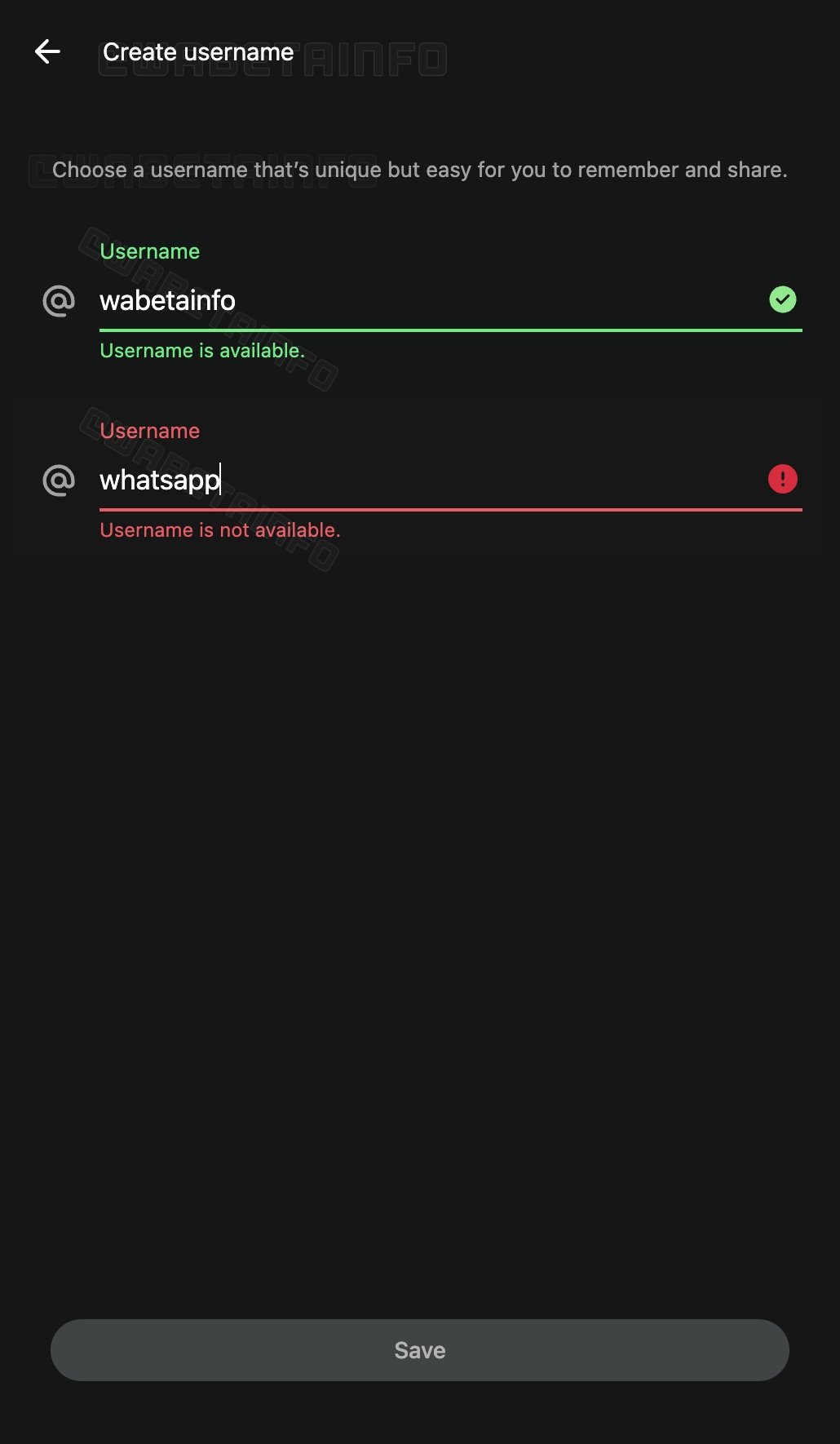 campo de utilizador no WhatsApp em testes