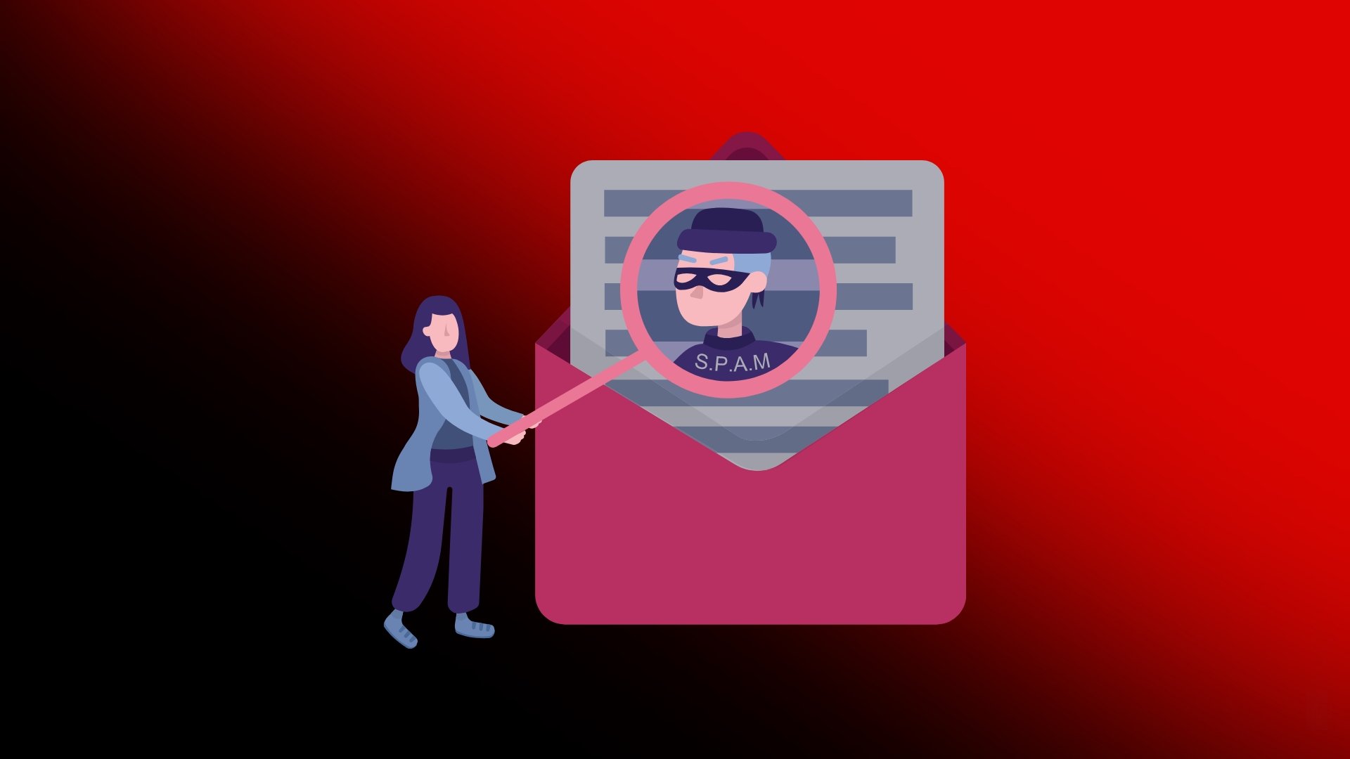 mensagem de spam com uma vítima a segurar uma lupa, e a descobrir um hacker no texto