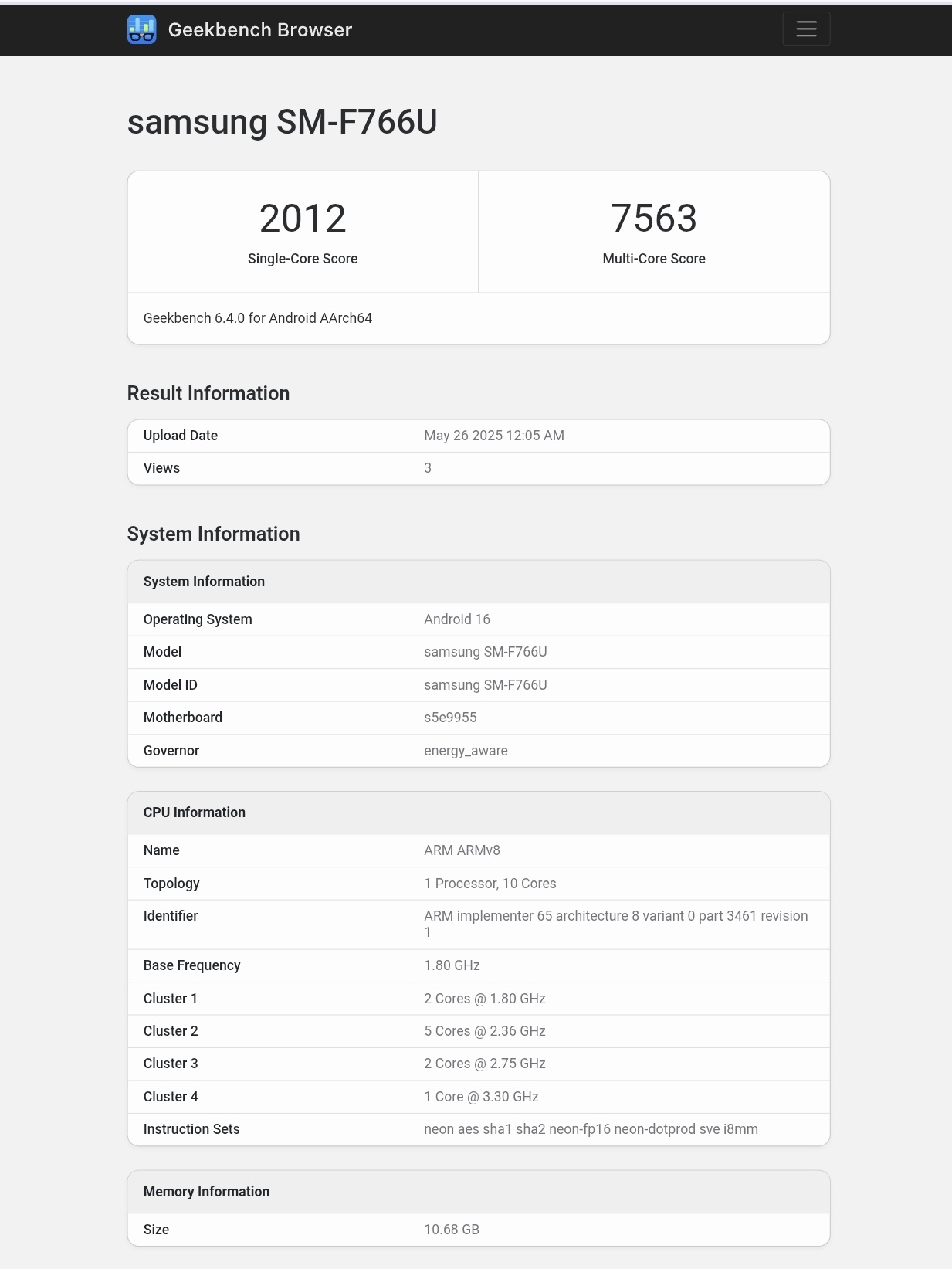 detalhes sobre pontuação de benchmark do Samsung Galaxy Z Flip 7