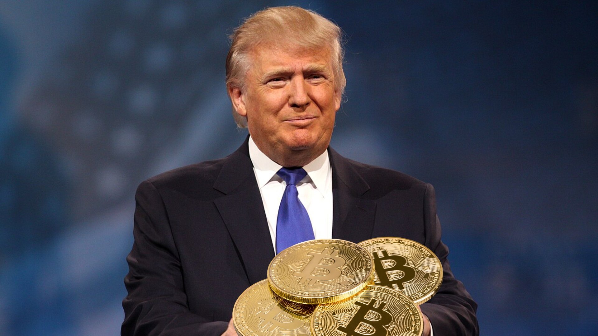 Donald Trump com imagens de bitcoins