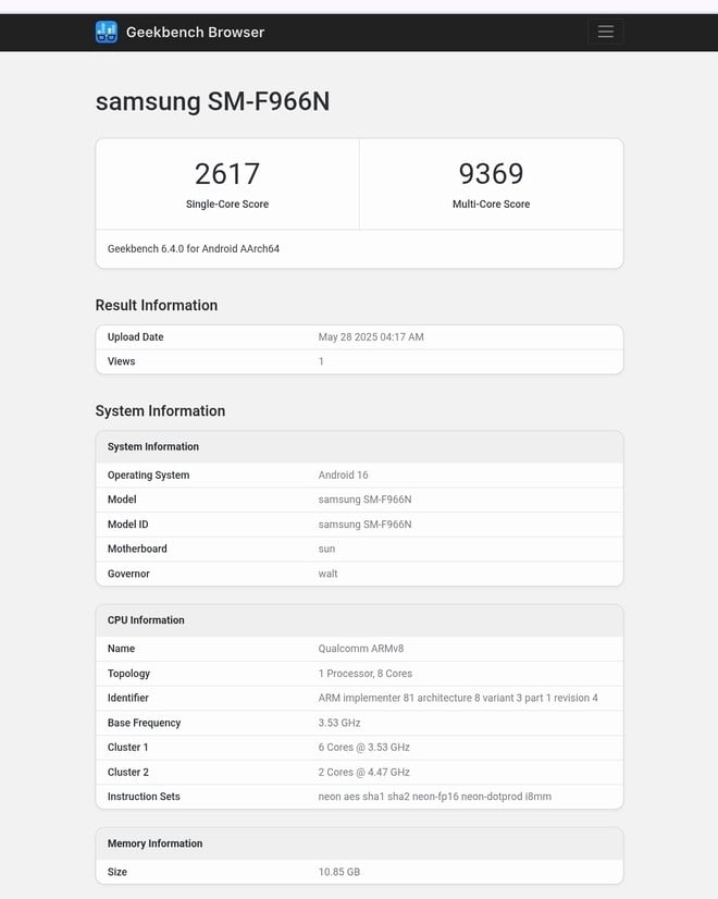 detalhes do teste de benchmark ao Samsung Galaxy Z Fold 7