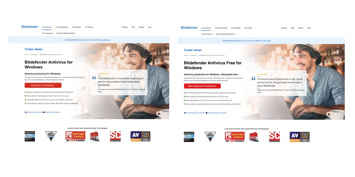 falsos sites da bitdefender a distribuir malware