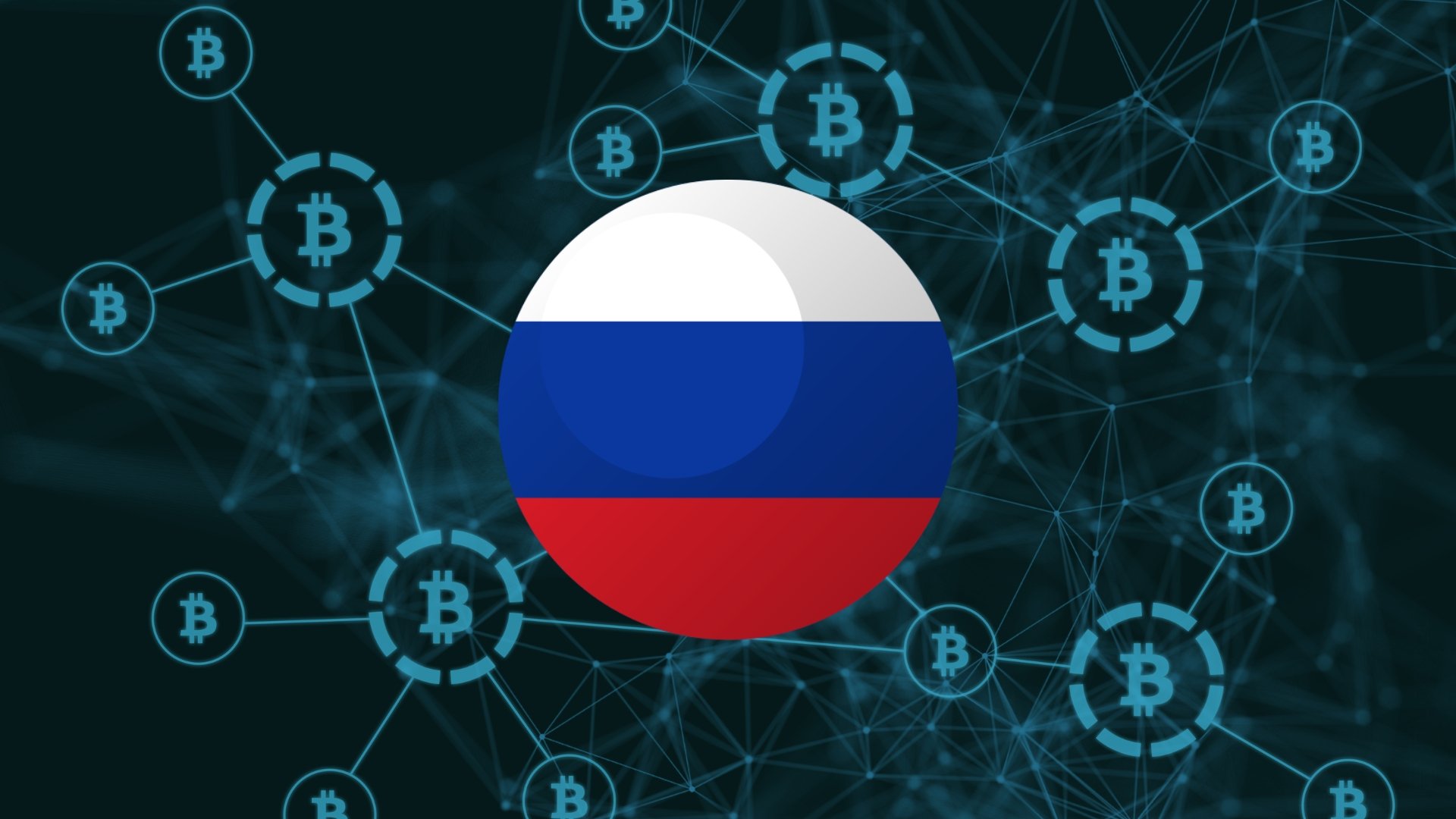 Bandeira da Rússia com fundo de criptomoedas bitcoin