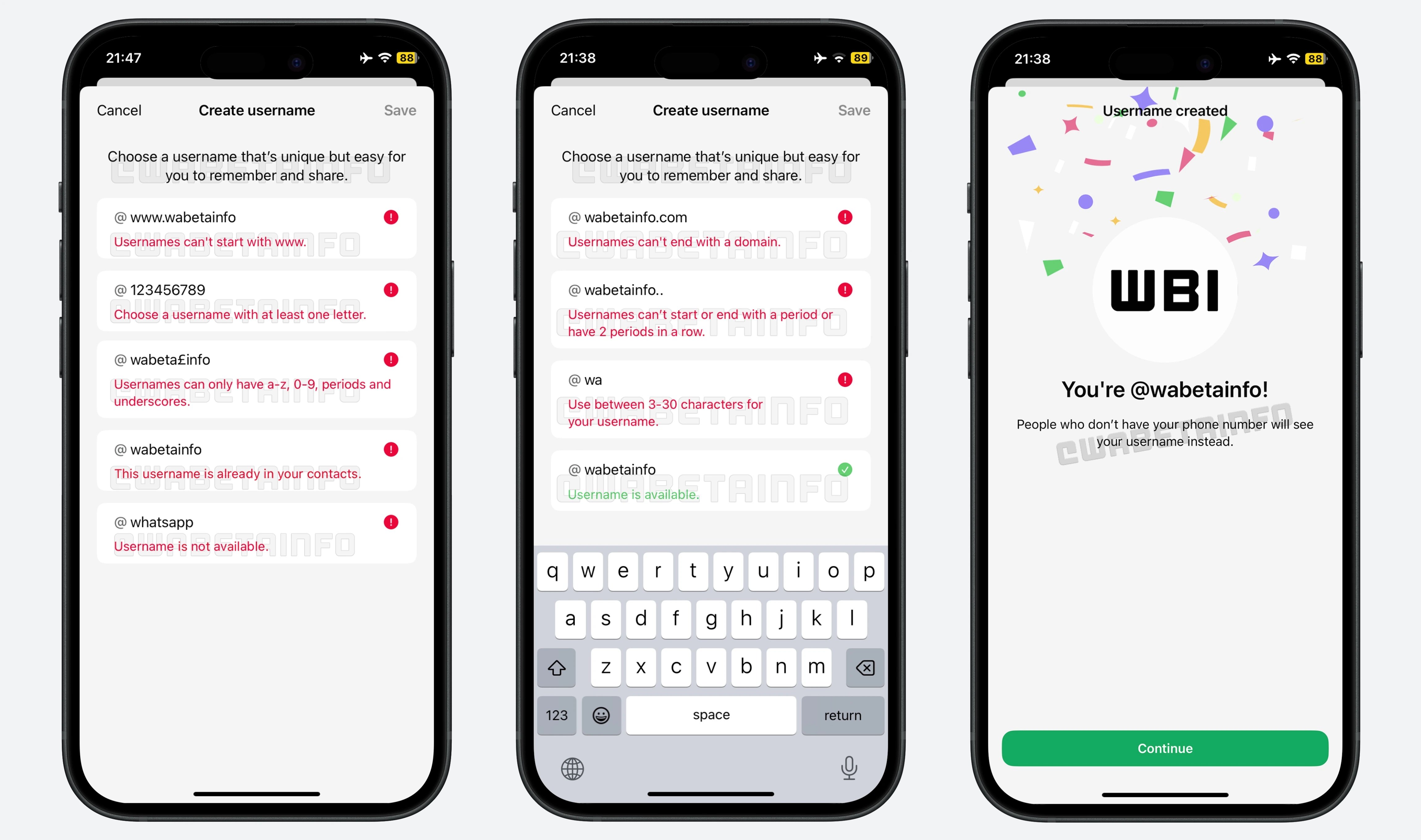 imagem da escolha de nome de utilizador do WhatsApp no iOS