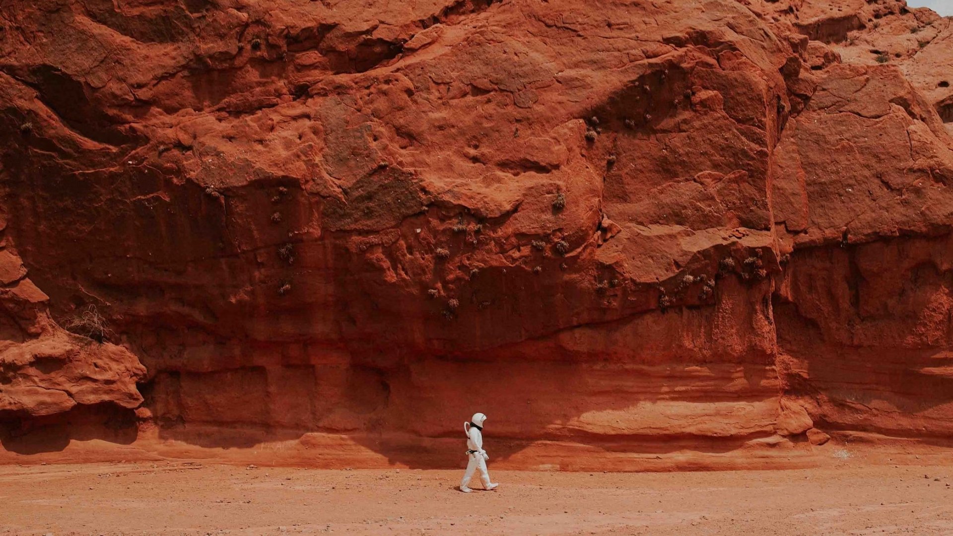 Pessoa a andar com fato de astronauta em paisagem similar a marte