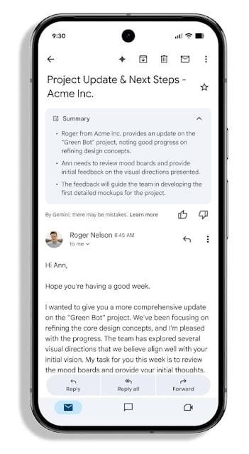 Cartões de resumo do Gmail com a funcionalidade do Gemini