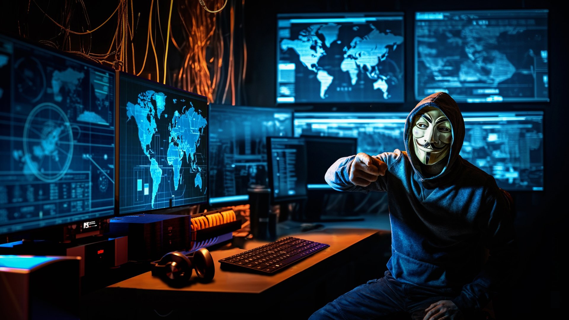 hacker em frente de computadores com o mapa do mundo
