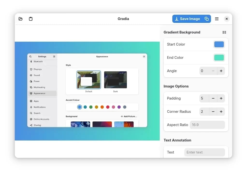 imagens do Gnome 49 em aplicação Gradia