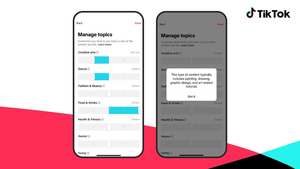 TikTok com controlo do feed e das publicações