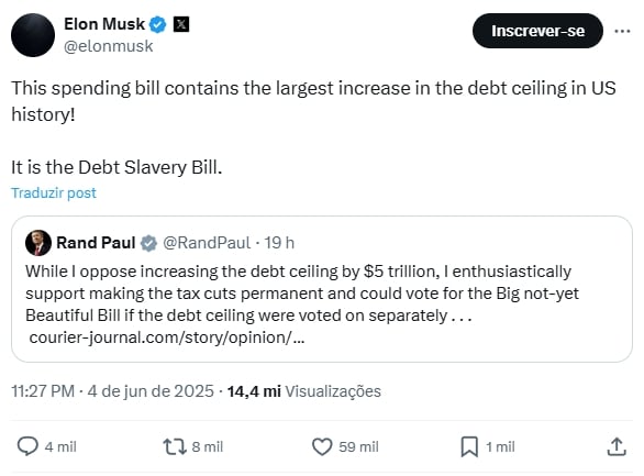 mensagem de elon musk na x sobre a lei de donald Trump