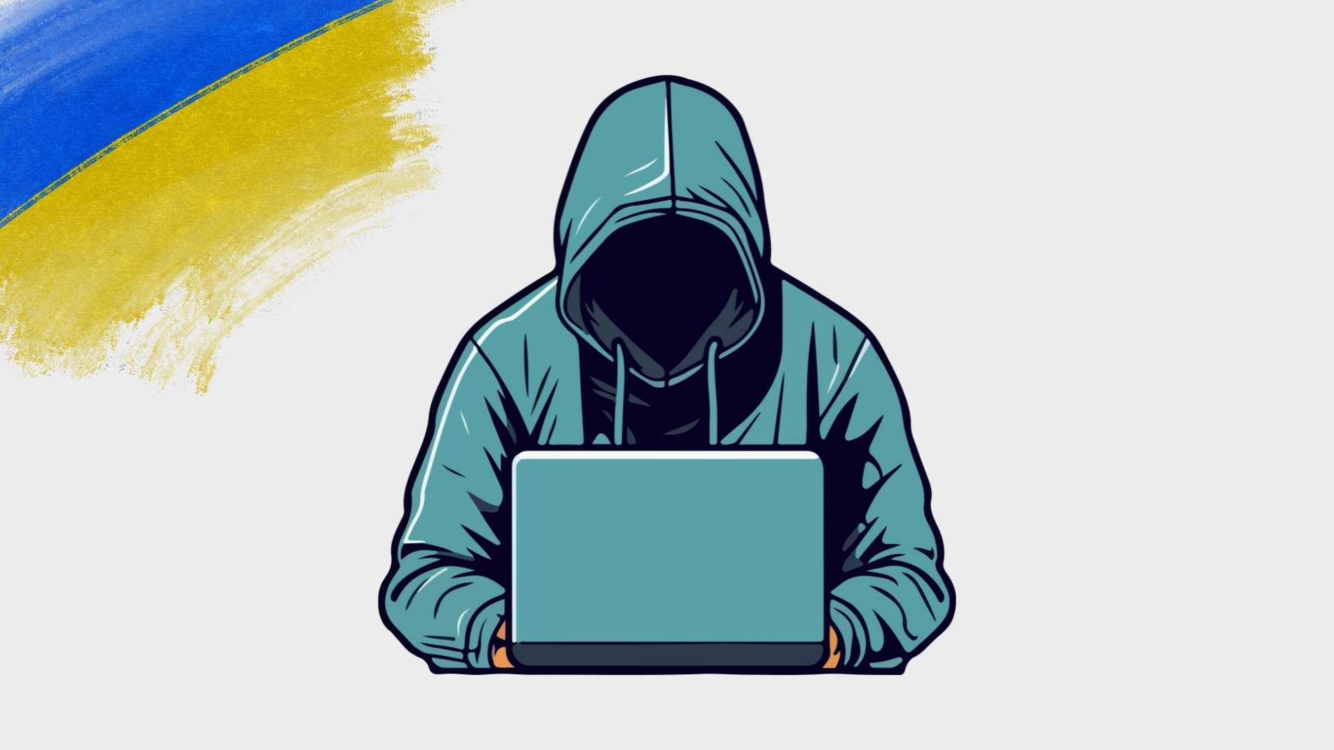 hacker em frente de computador com bandeira da ucrânia