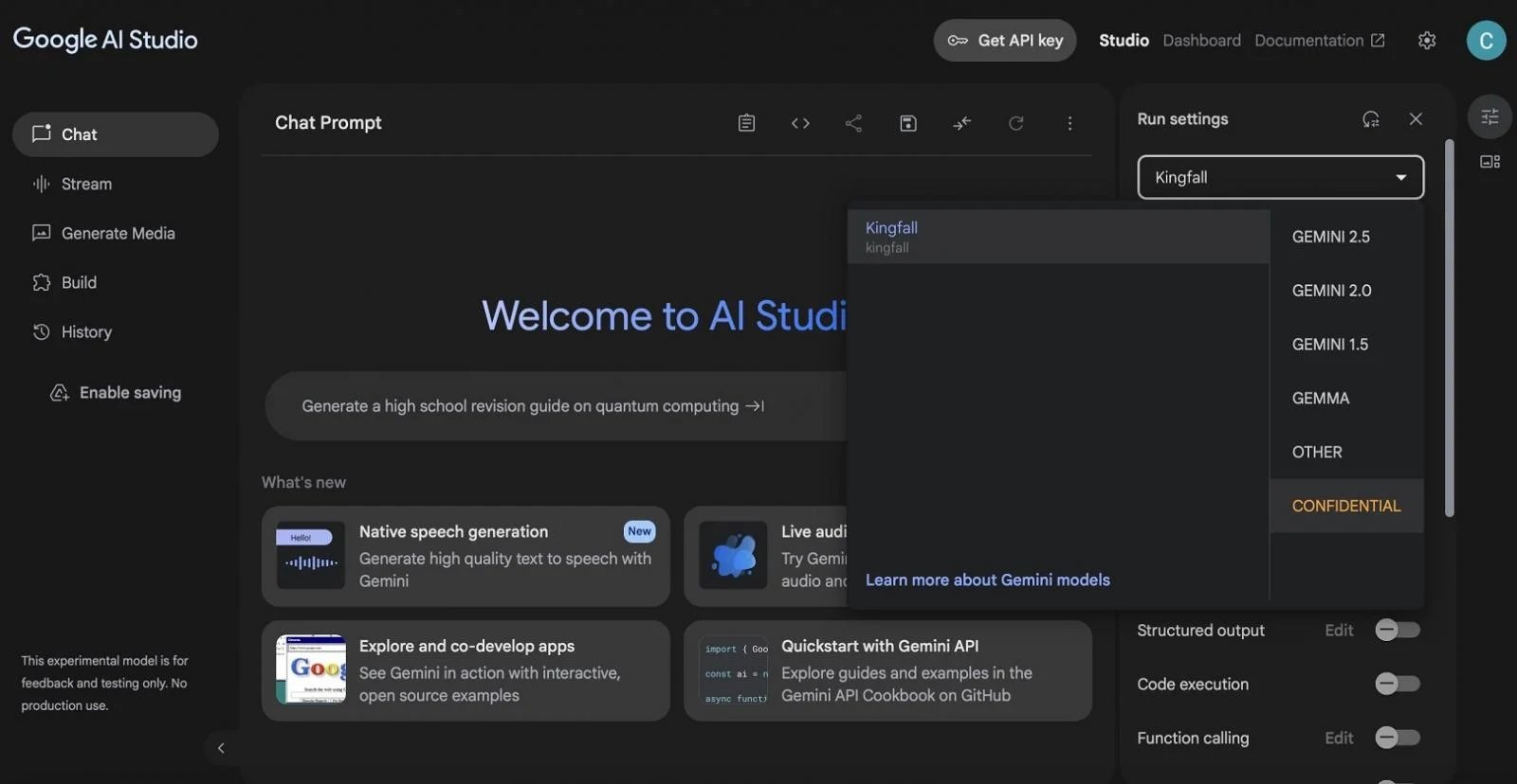 gemini kingfall no AI Studio da Google