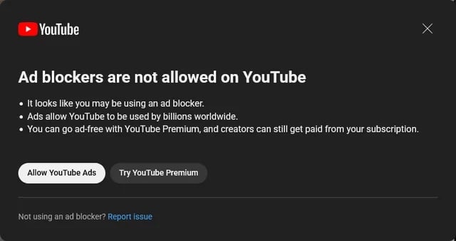 mensagem de alerta sobre bloqueio de publicidade