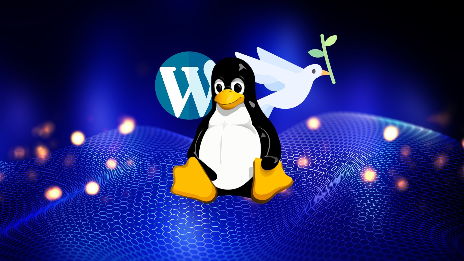 Linux com pomba da paz e WordPress