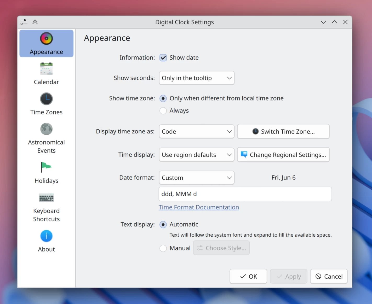 Relógio digital do KDE Plasma