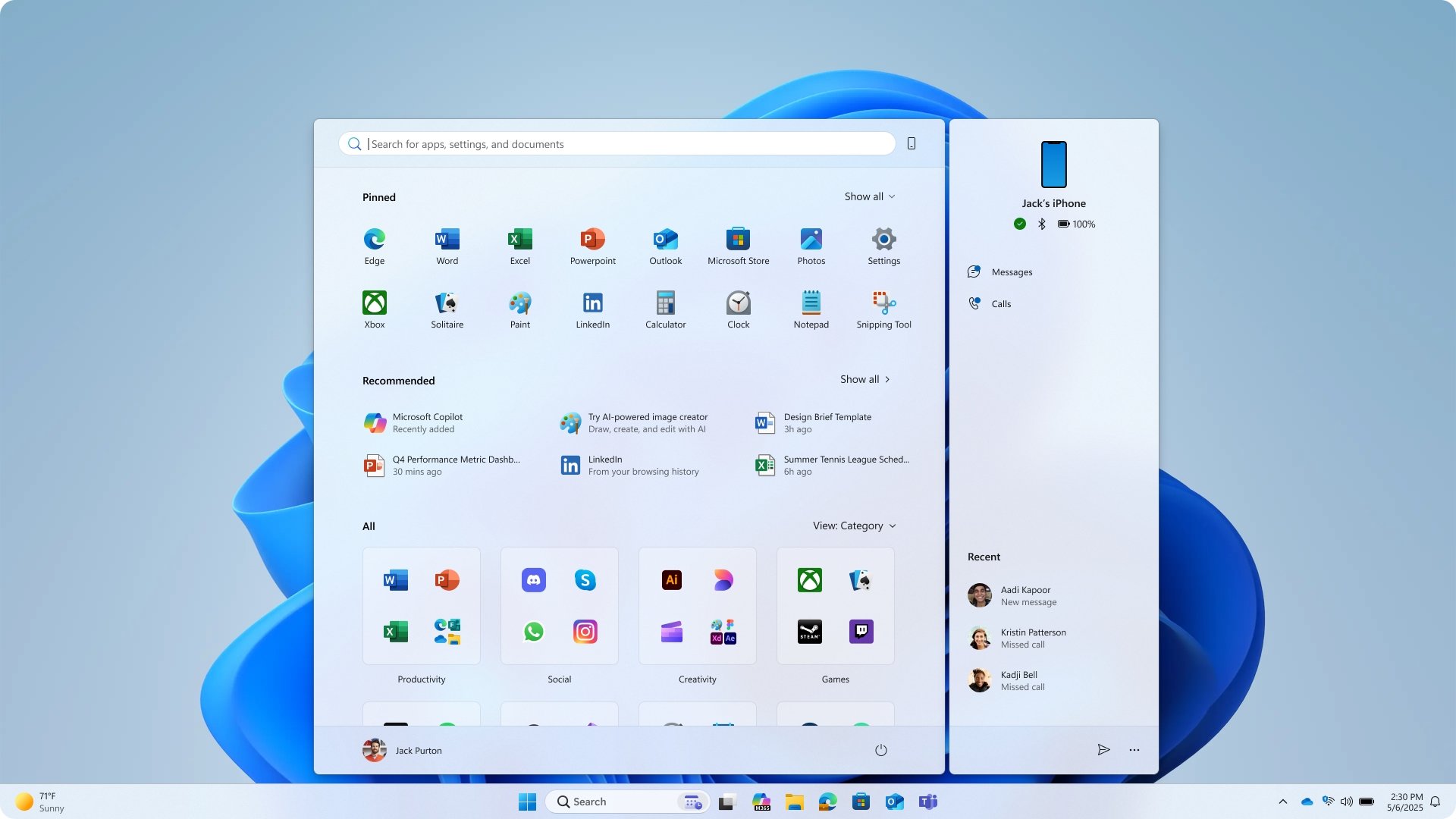 Menu inicial das novas versões do Windows 11