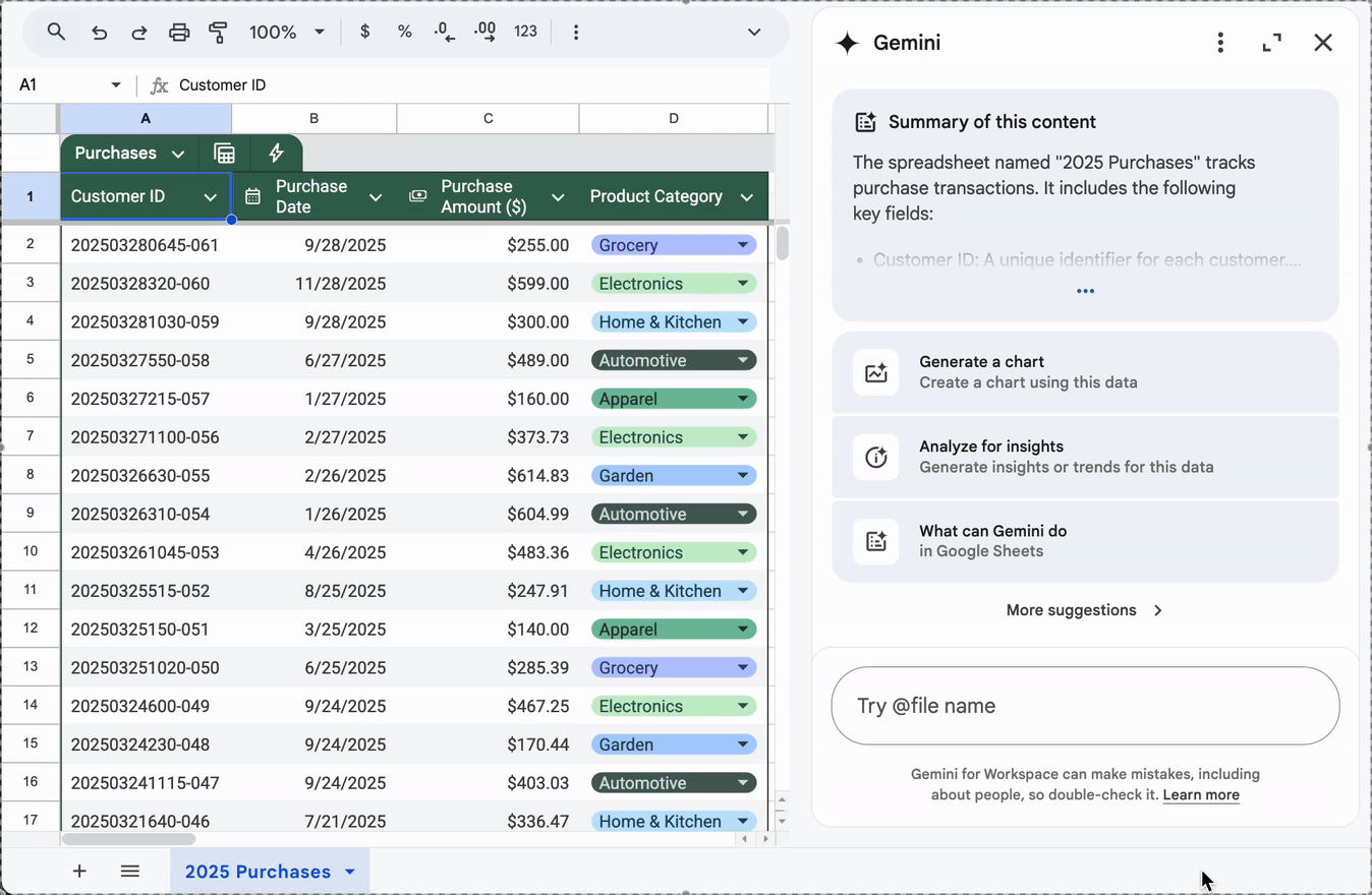 imagem do google sheets com gemini e gráficos editáveis