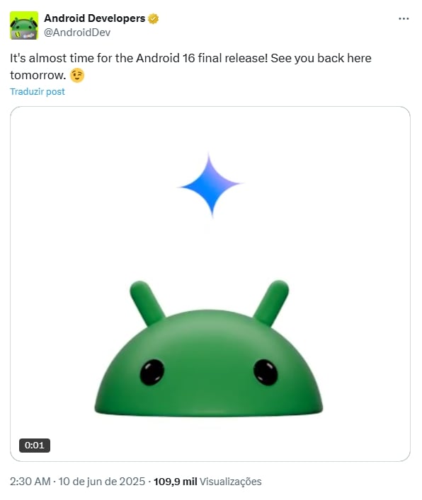 mensagem sobre chegada do Android 16