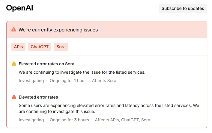 mensagem das falhas da OpenAI