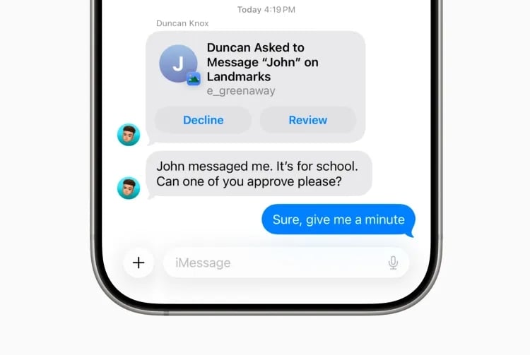 alerta do sistema da apple para controlos parentais para novas mensagens em números desconhecidos