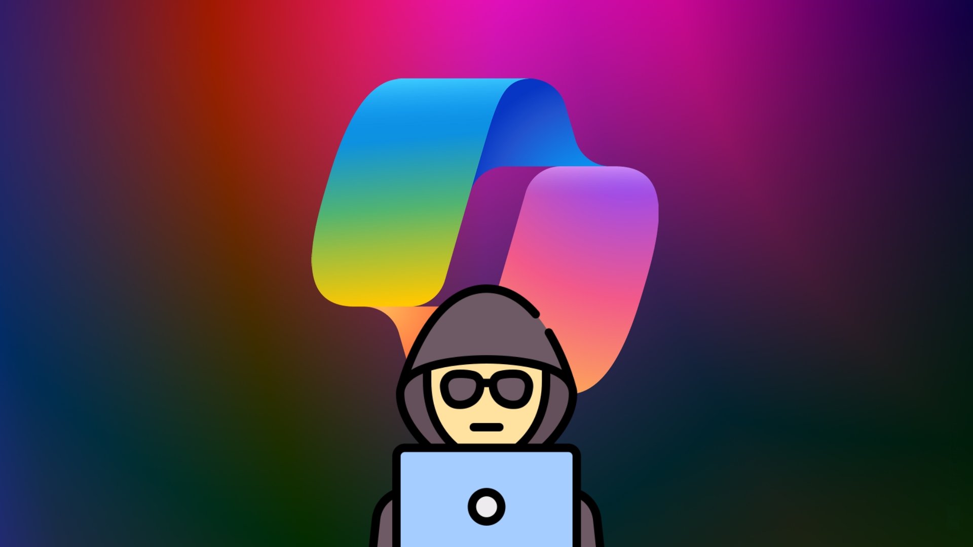 Hacker em frente de logo do Copilot
