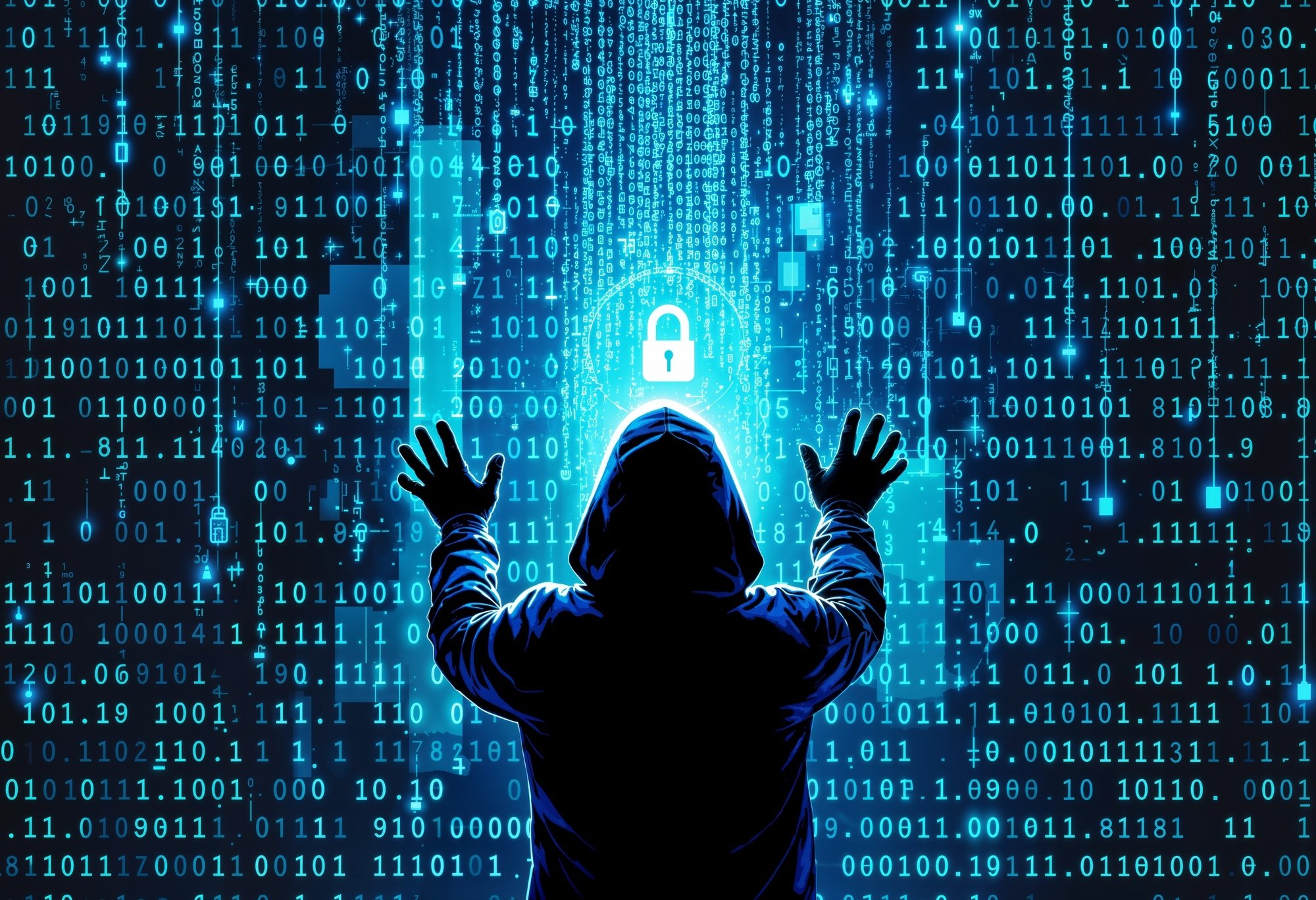 Hacker em frente de código fonte