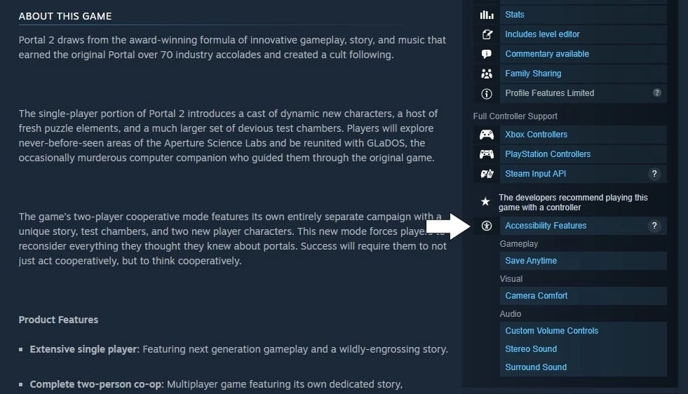 imagem da steam com alertas de acessibilidade