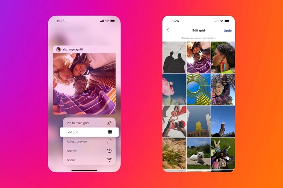 edição da grelha dos utilizadores e perfis no Instagram