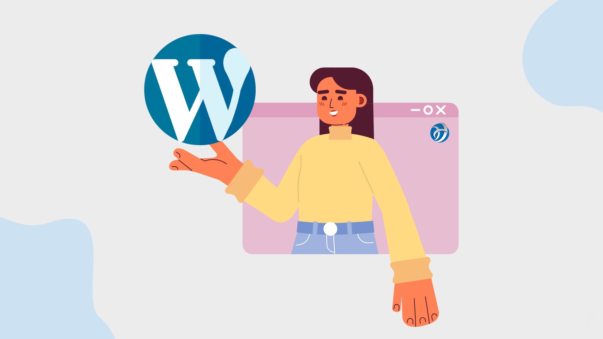 Pessoa a segurar em logo do WordPress com site de fundo