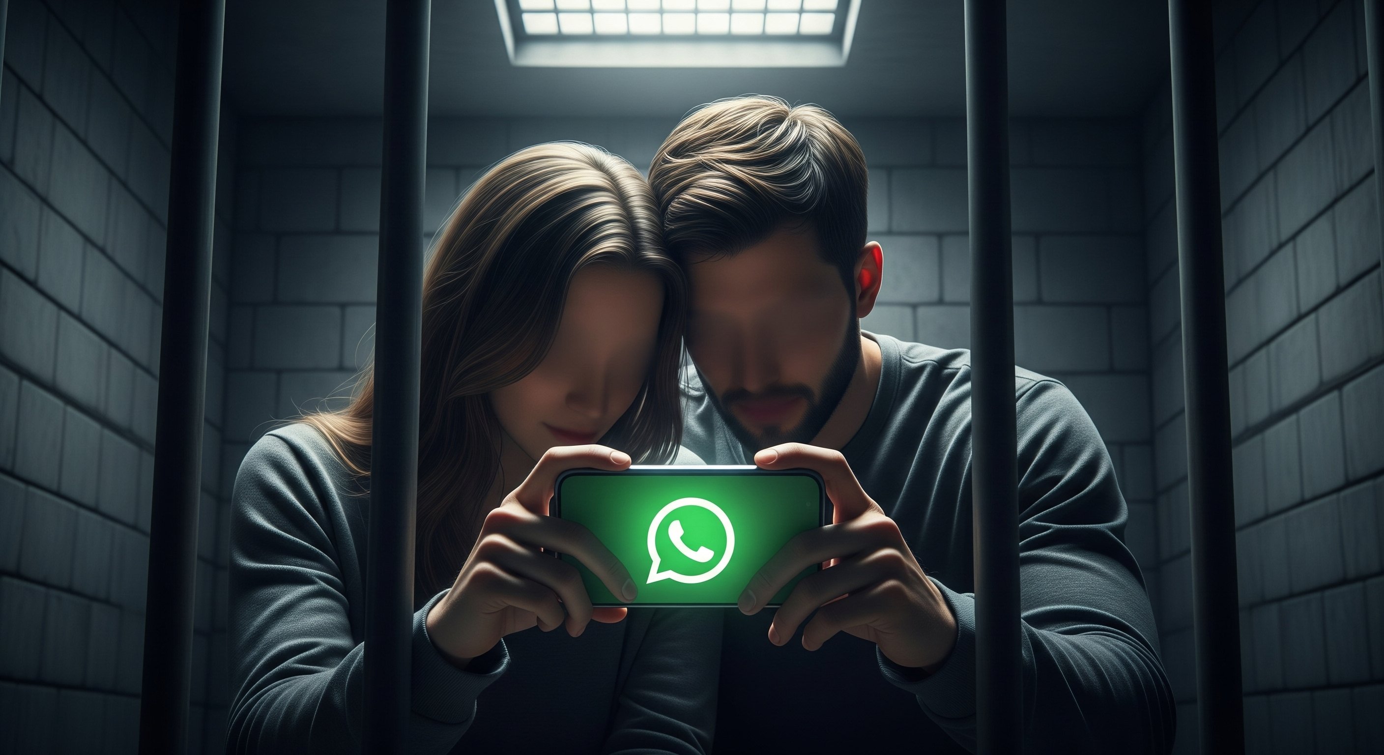 casal na prisão com smartphone e logo do WhatsApp