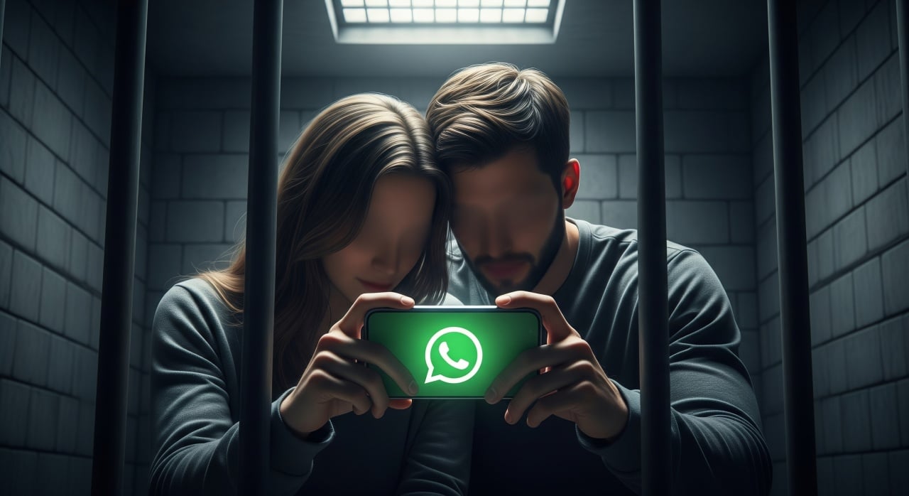 casal na prisão com smartphone e logo do WhatsApp