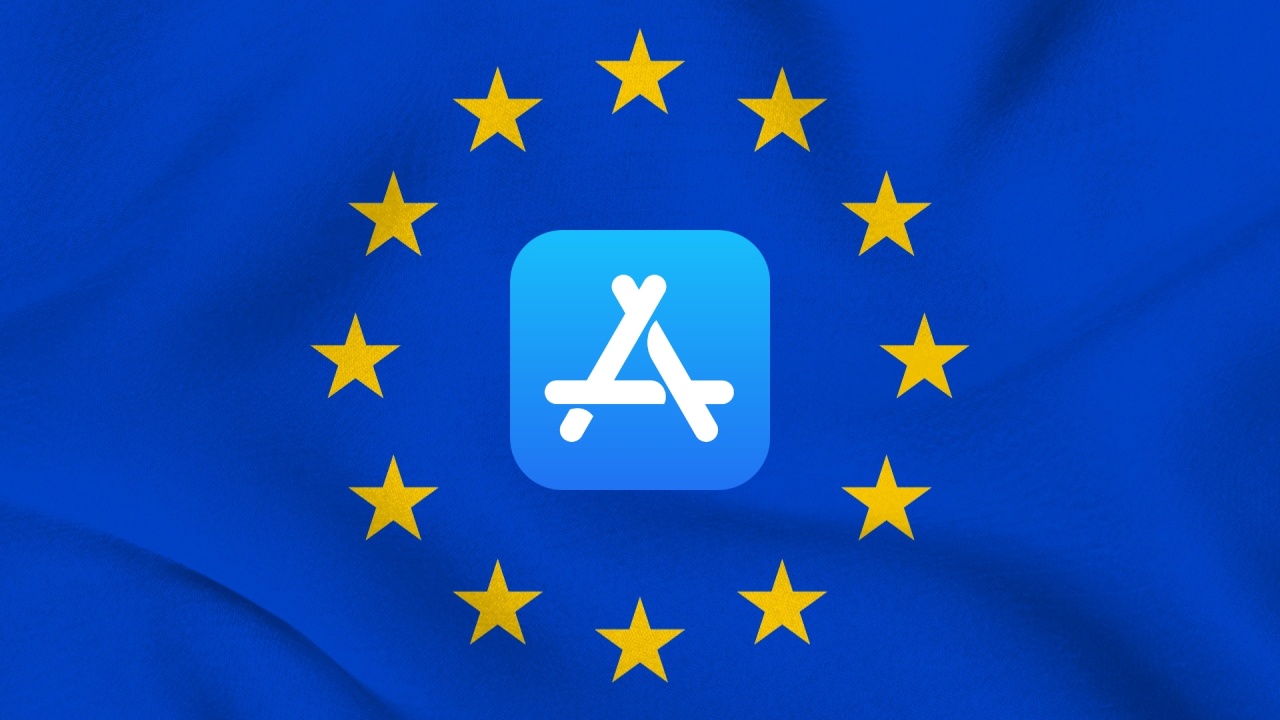 Apple App Store logo com bandeira da União Europeia de fundo