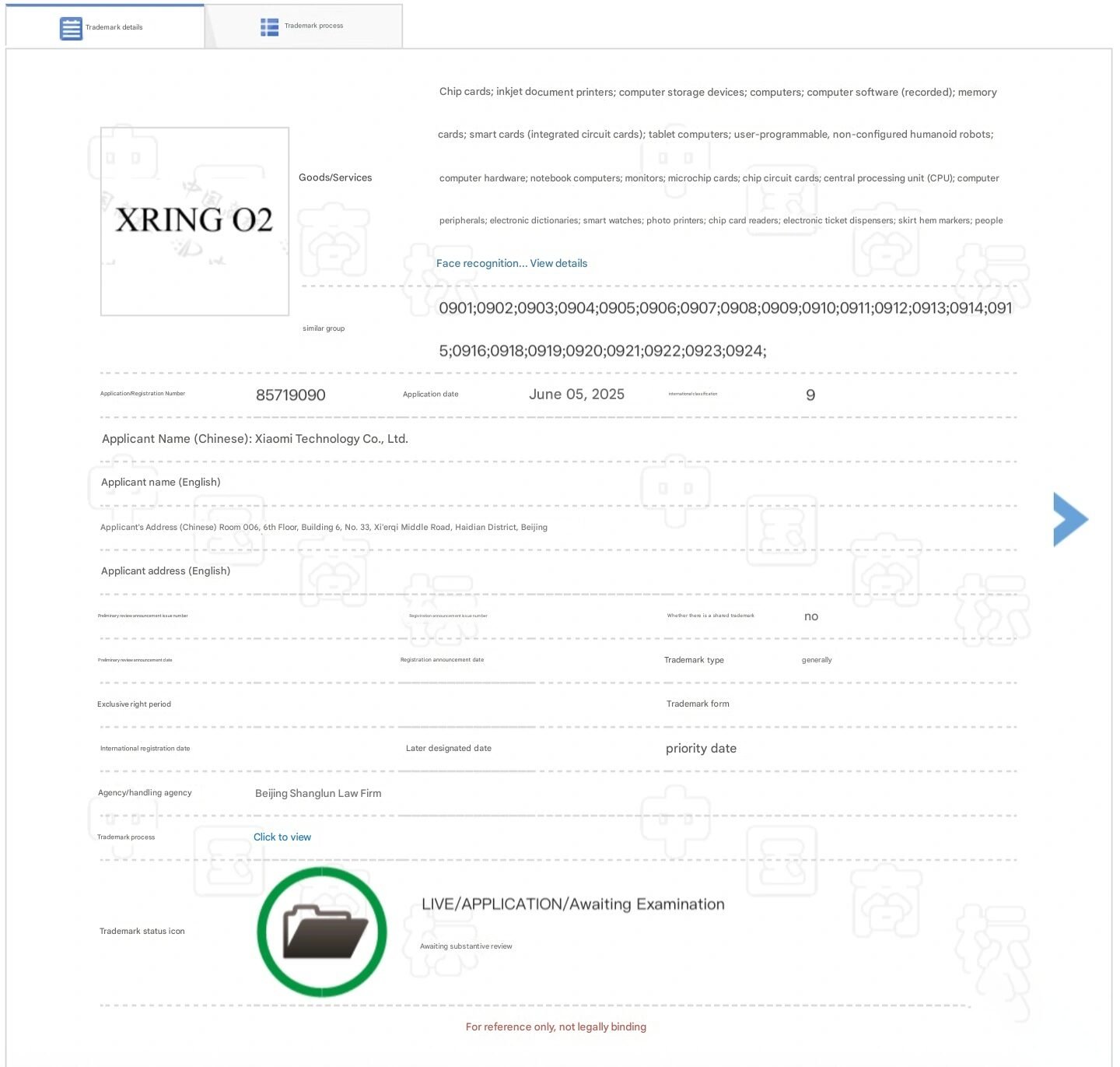 detalhes sobre o registo de marca xring o2