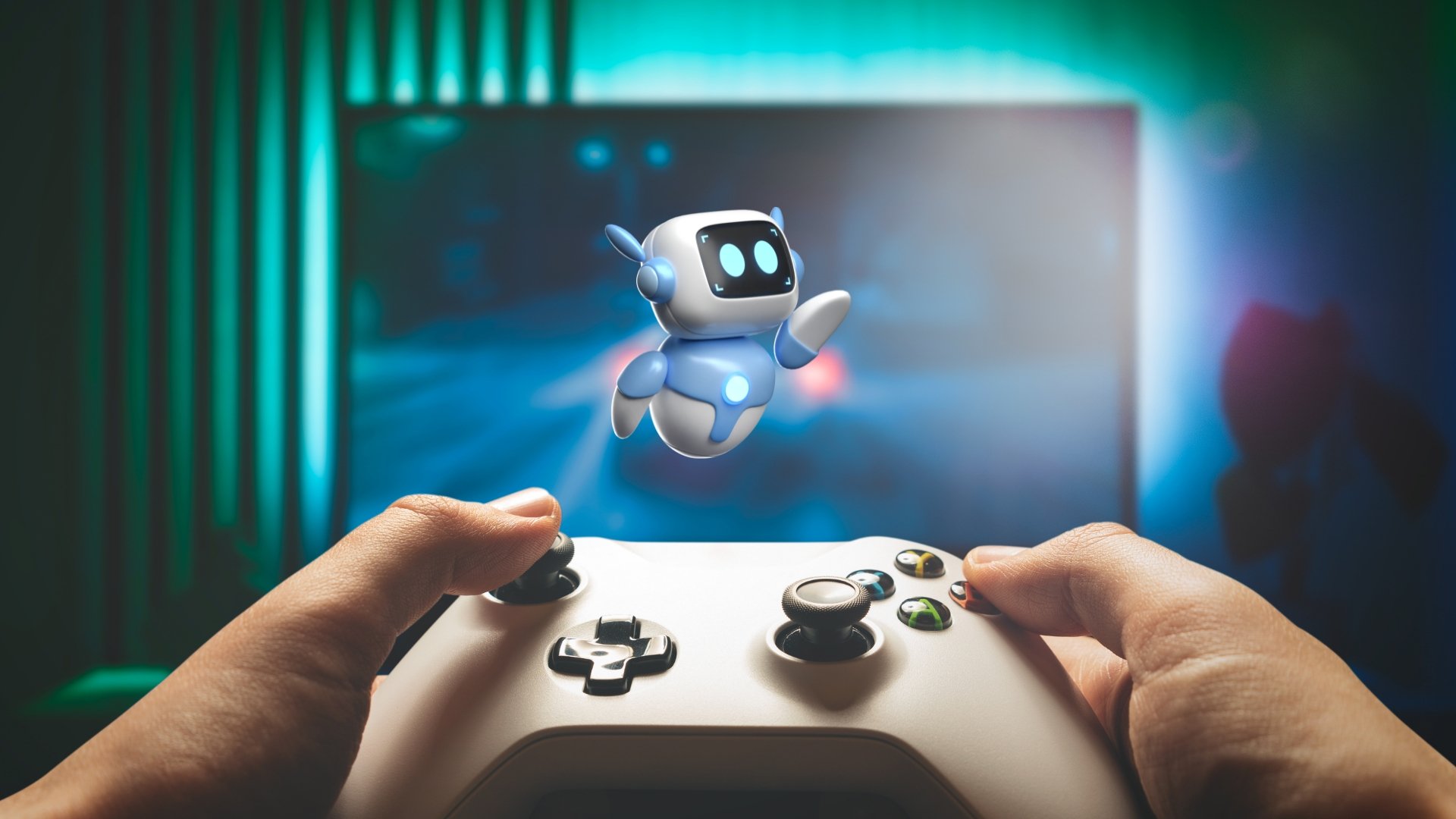 Pessoa a segurar em comando da Xbox com robot no ecrã