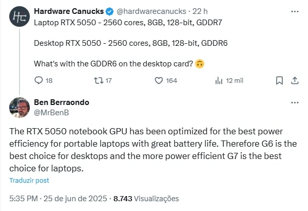 mensagem do executivo da Nvidia sobre novas placas RTX 5050
