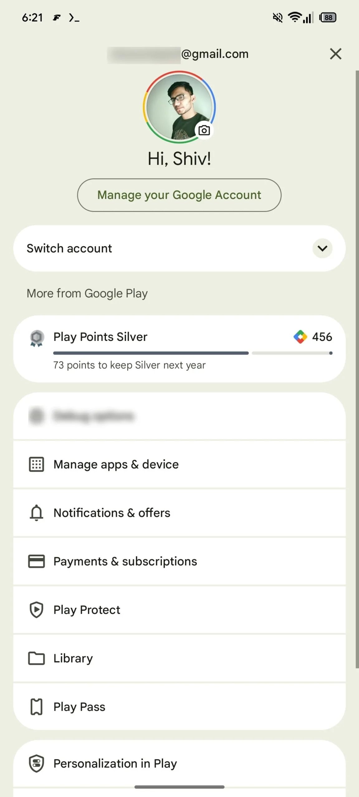 novo menu de conta da play store da google