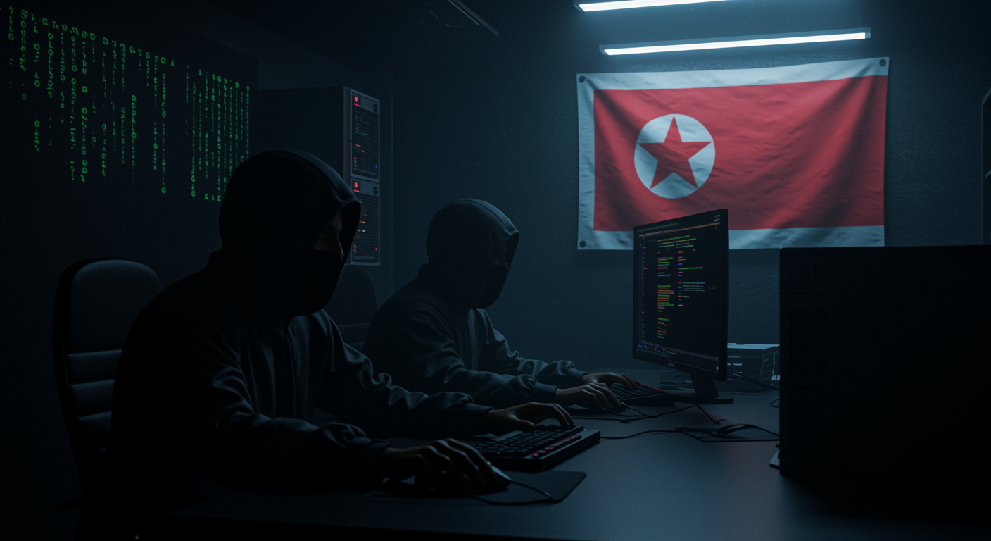 Hackers numa sala com bandeira da coreia do norte