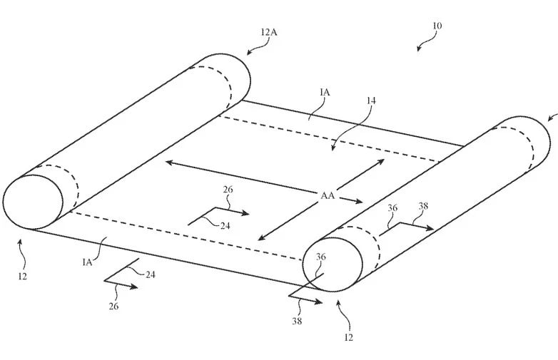 imagem da patente da Apple sobre ecrã dobrável