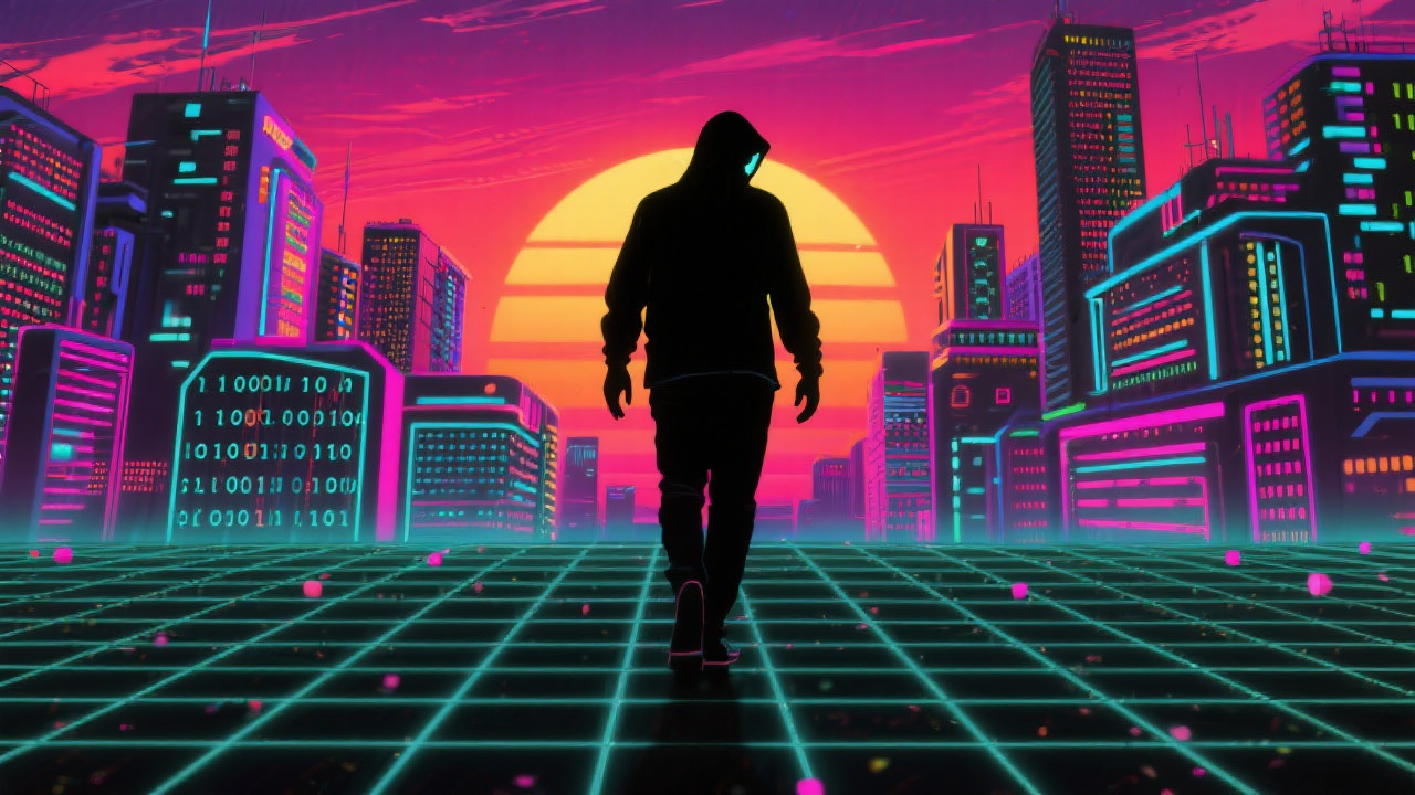 Hacker a andar para o por do sol digital
