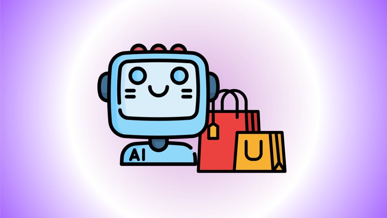 robot de IA ao pé de sacos de compras