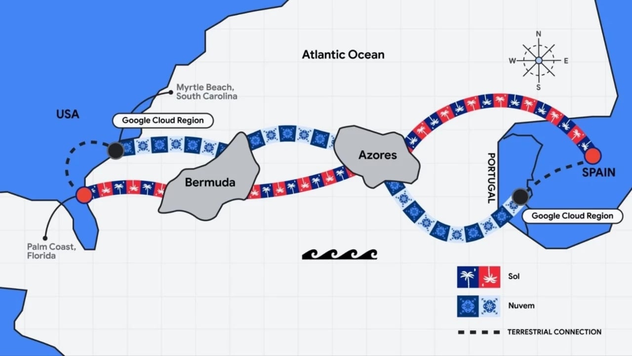 imagem representativa do novo cabo da Google entre EUA e UE