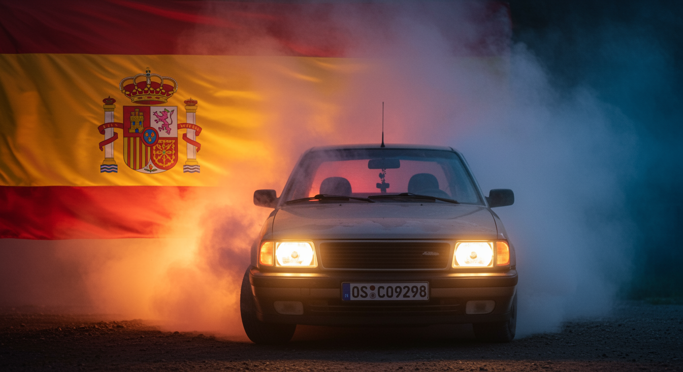 carro com fumo e bandeira de espanha
