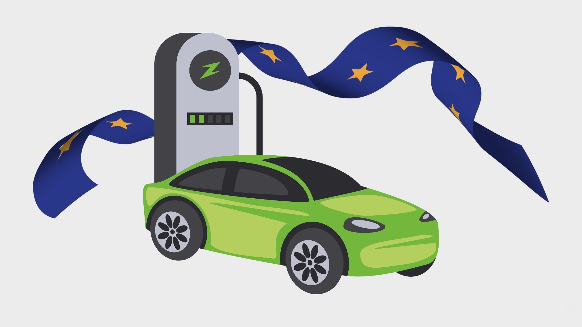 carro elétrico a carregar com bandeira europeia atrás