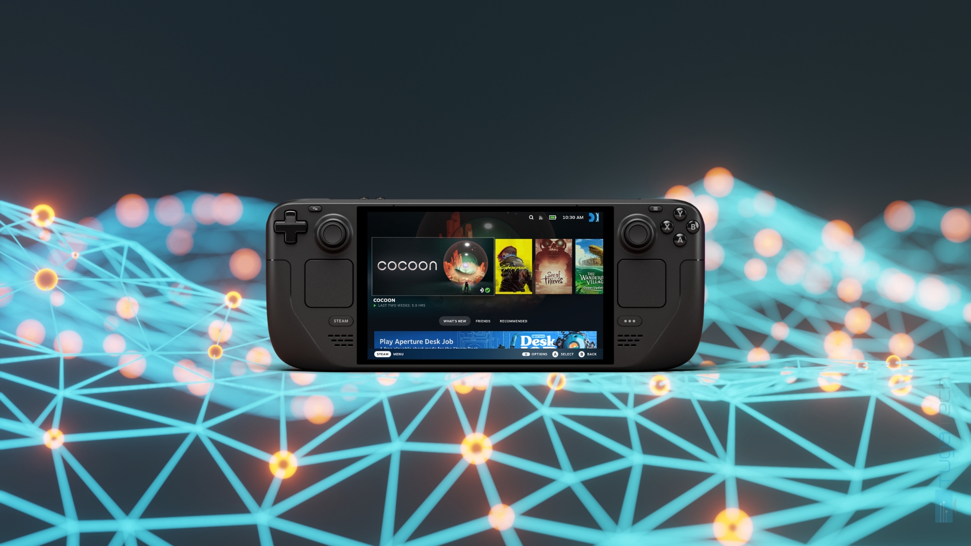 Steam Deck com sistema em fundo digital