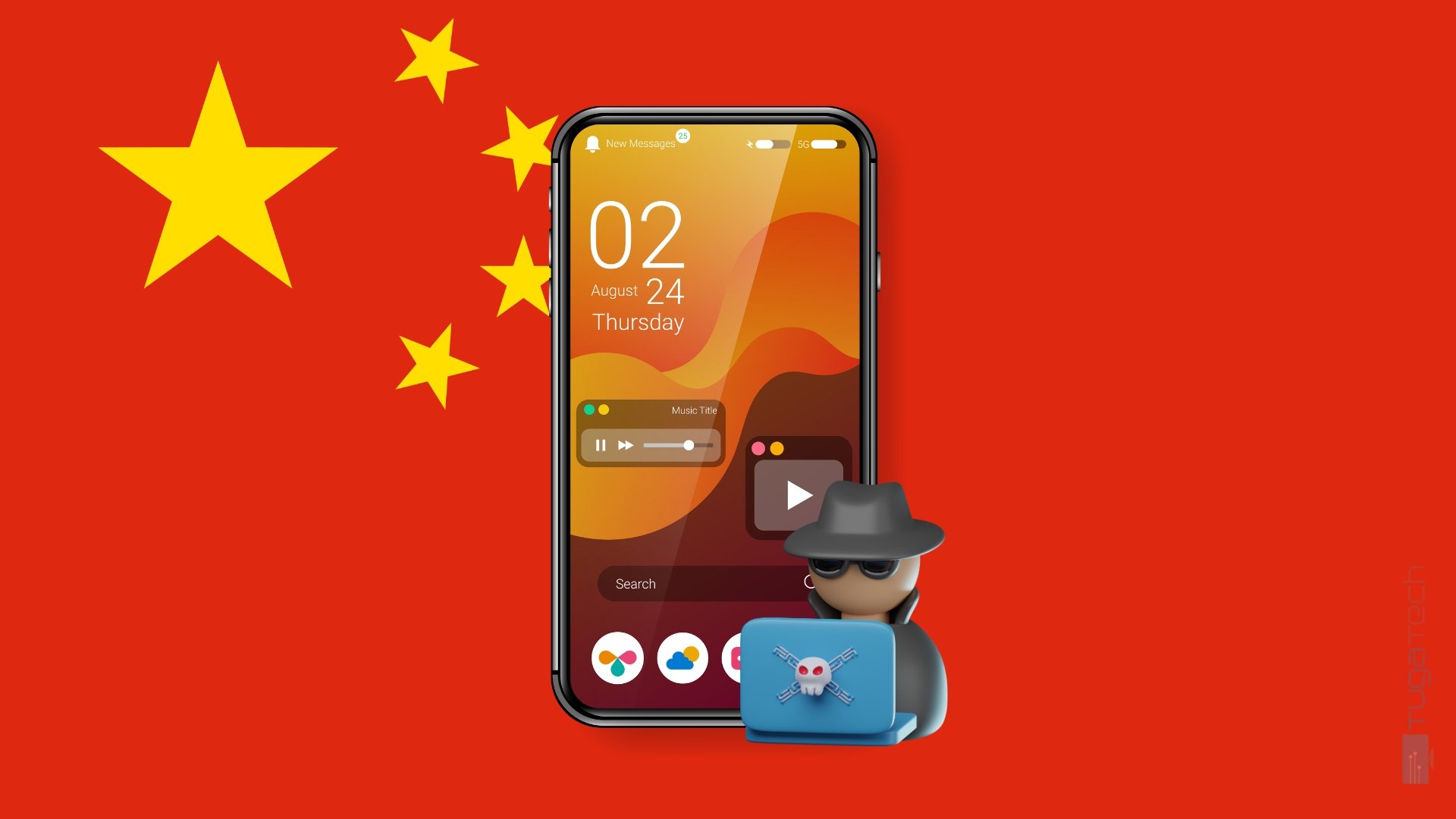 Bandeira da China com smartphone na frente e hacker a roubar dados
