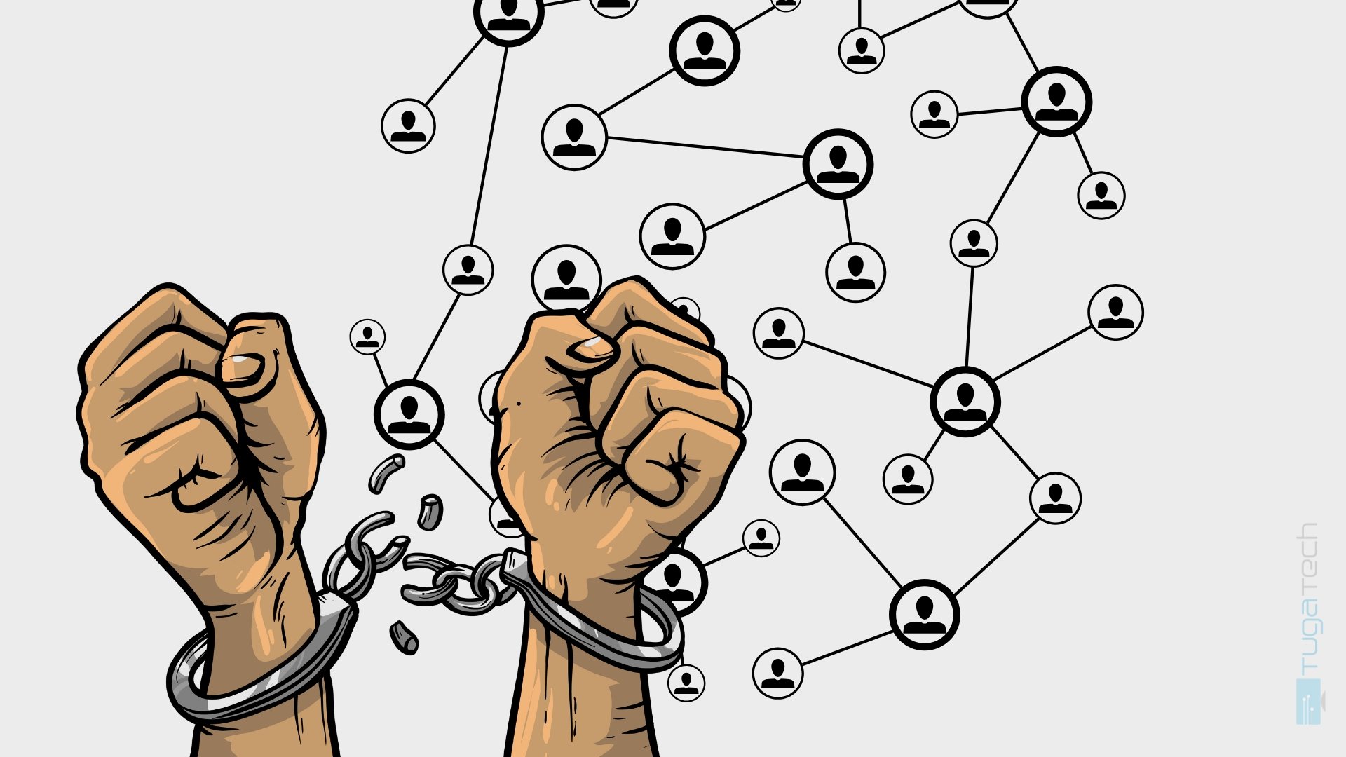 Rede social de fundo com algemas a libertarem-se