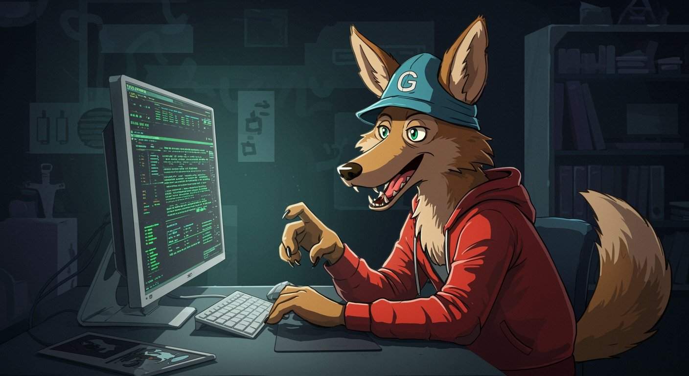 Coiote em frente de um computador como "hacker"